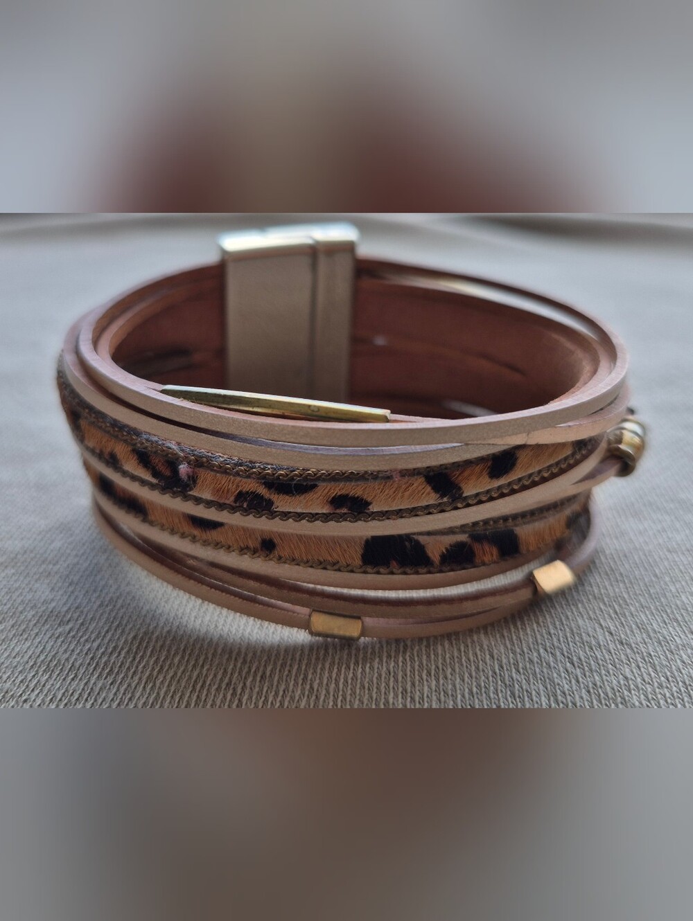 Multi-Row Leopard Print Wrap Bracelet in Tan and Black